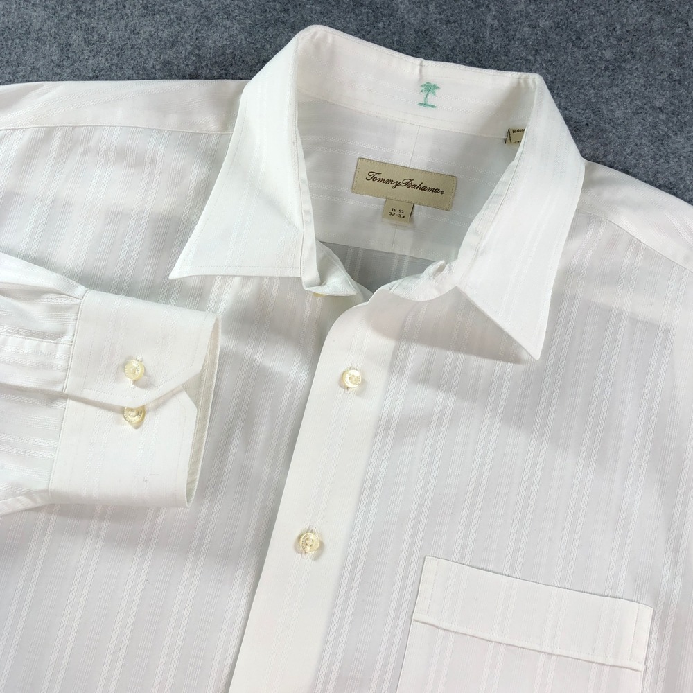 Tommy Bahama Mens 16.5 32/33 White Striped Cotton Long Sleeve Button Up Shirt